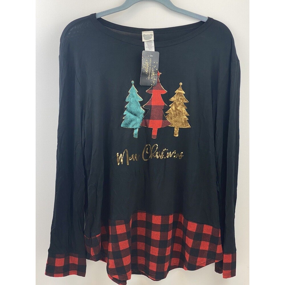 Colorbear Ladies Merry Christmas Shirt Velvet Trees Long Sleeve Buffalo Plaid XL